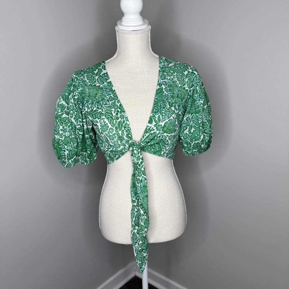 Green Floral Tie-Front CropTop